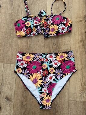 Floral High-Waist Bikini Set - Black with Pink & Yellow Flowers